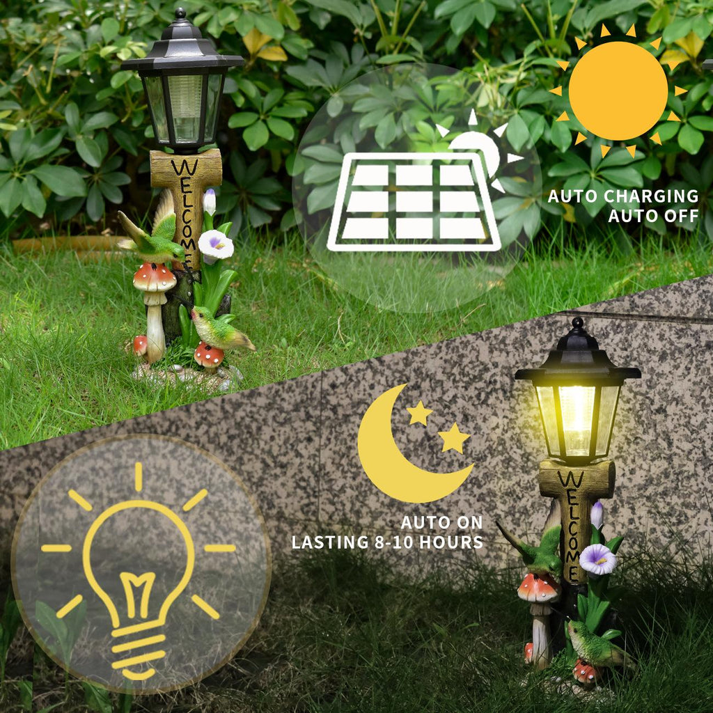 Solar garden light with charging panel and light bulb icon, surrounded by greenery.