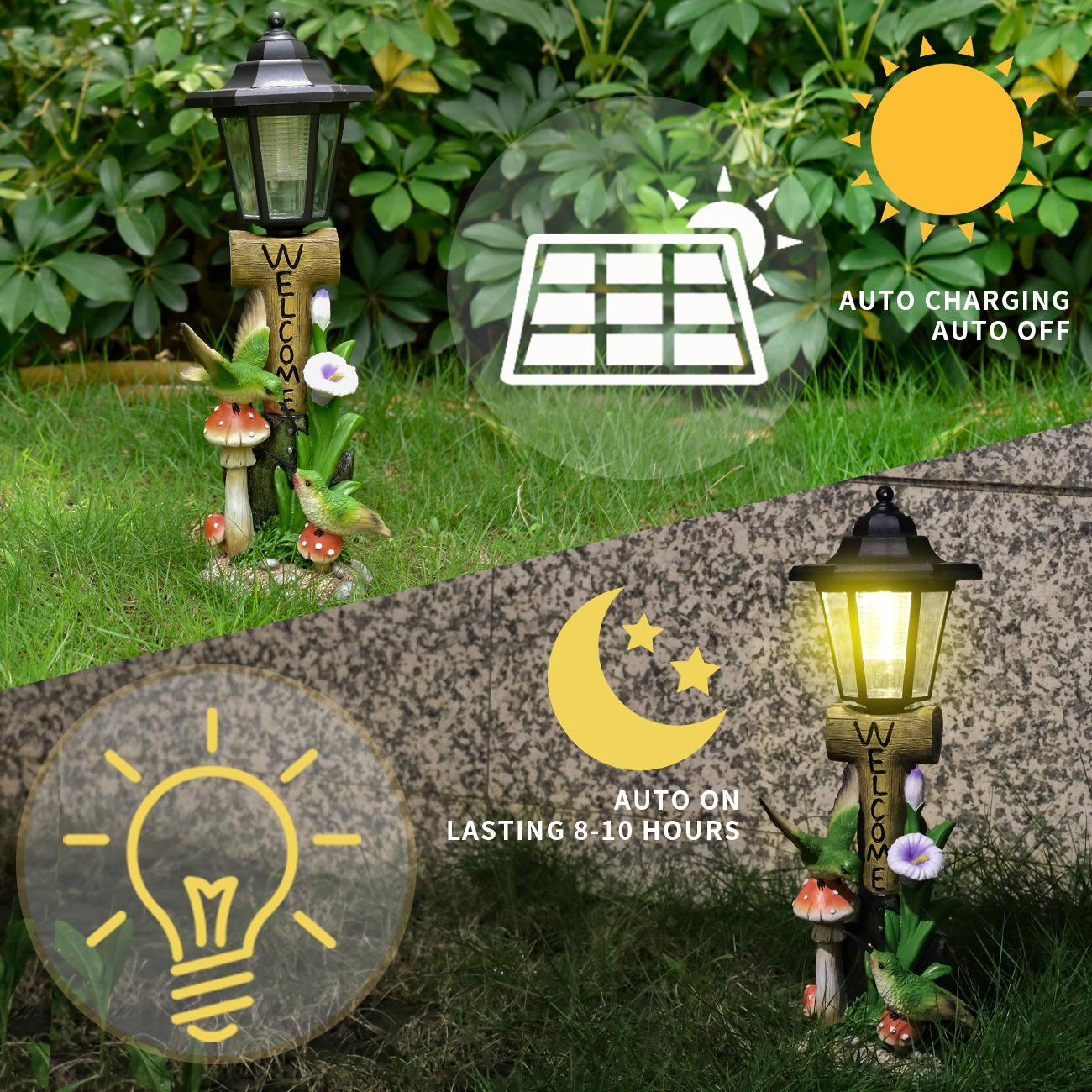 Solar garden light with charging panel and light bulb icon, surrounded by greenery.