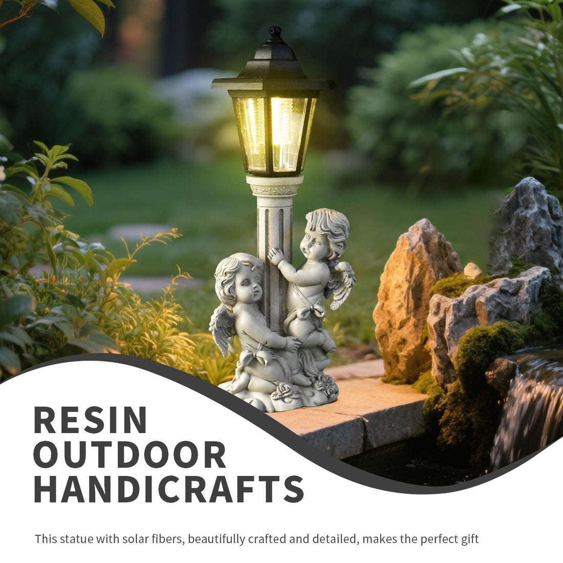 Garden scene with resin outdoor handicrafts including a lamp post and angel statues, surrounded by greenery.