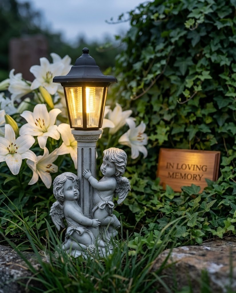 Decorative garden light with cherub figures in front of a 'In Loving Memory' plaque.