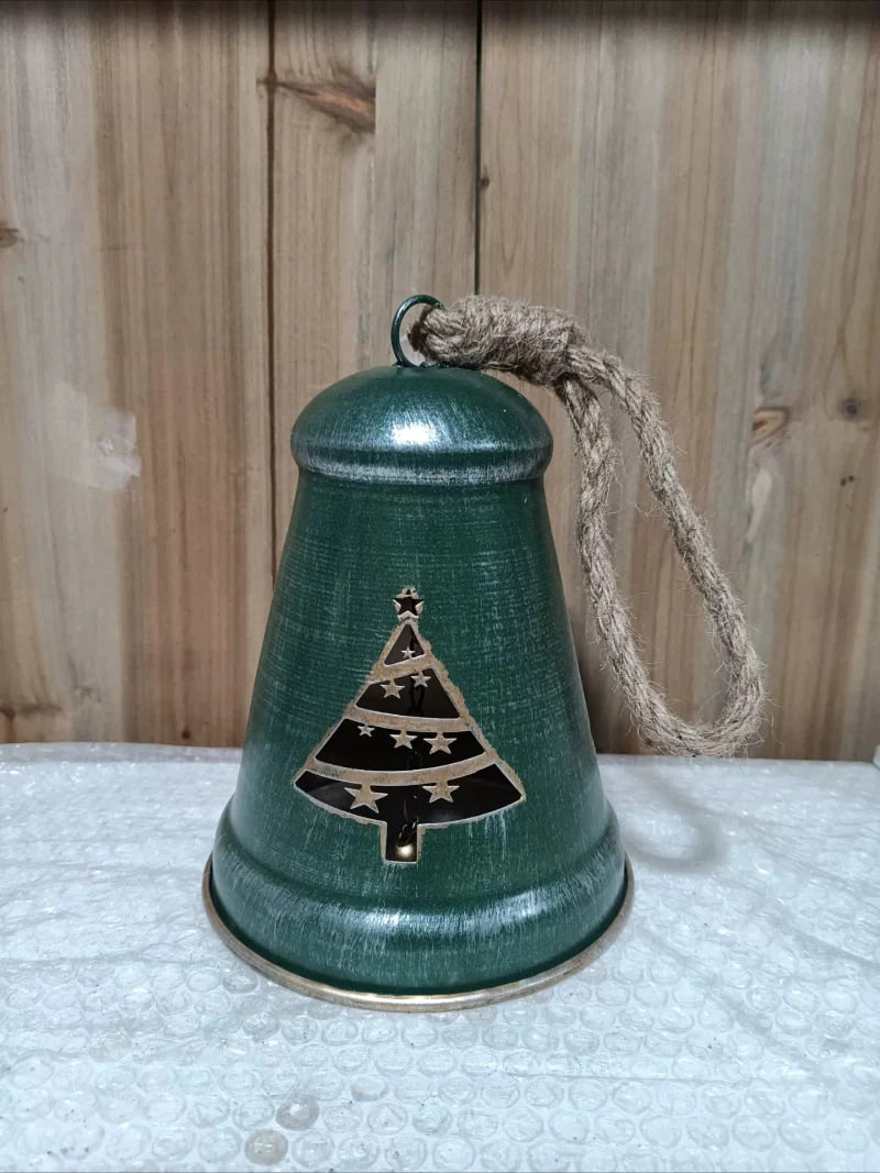Christmas Bell Ornament - Green Christmas Tree Shape with Jute Rope, Rustic Hanging Decor for Tree, Farmhouse Holiday Decor