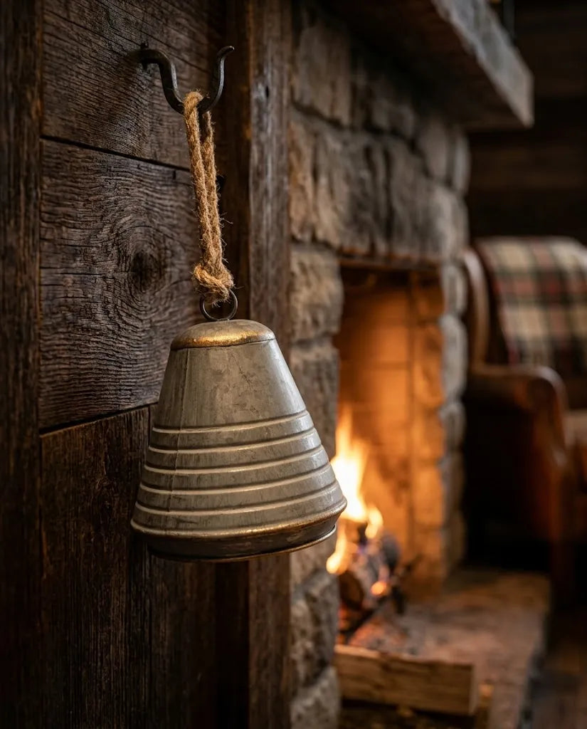 Decorative bell hanging on a wooden wall with a fireplace in the background