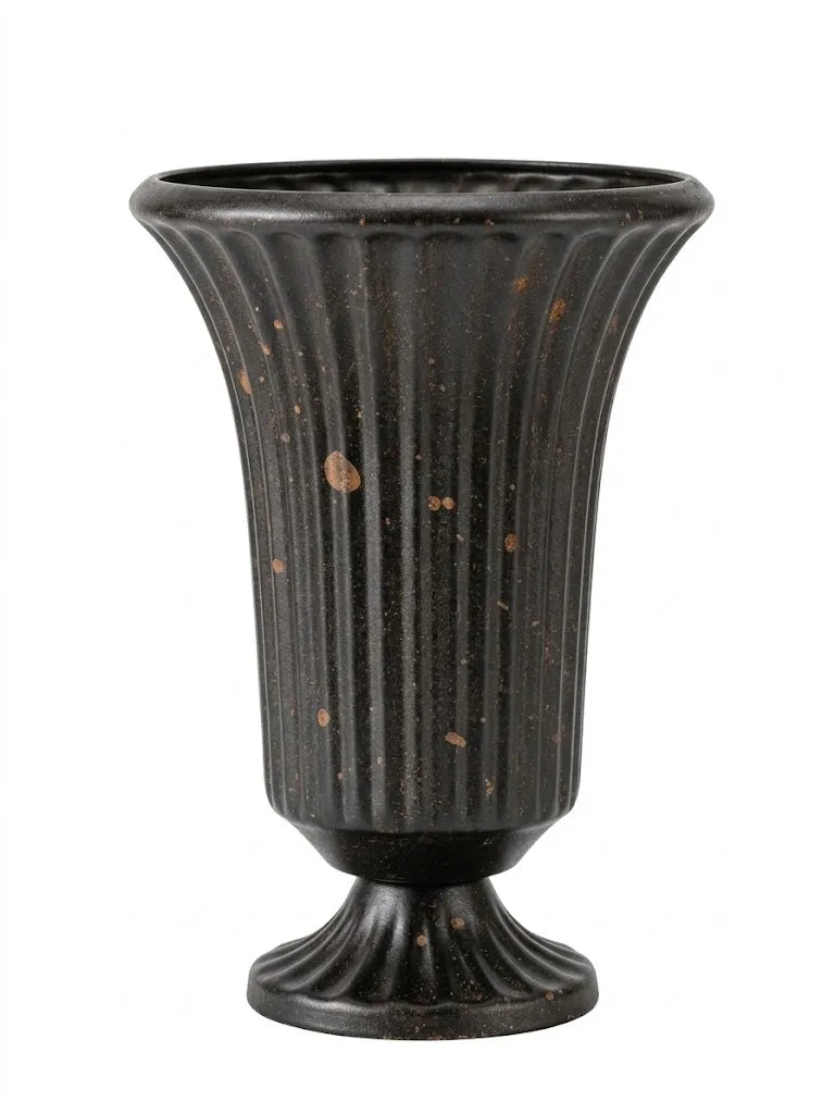 Vintage-Inspired Distressed Iron Urn Vase | Fluted Pedestal Trophy Vase