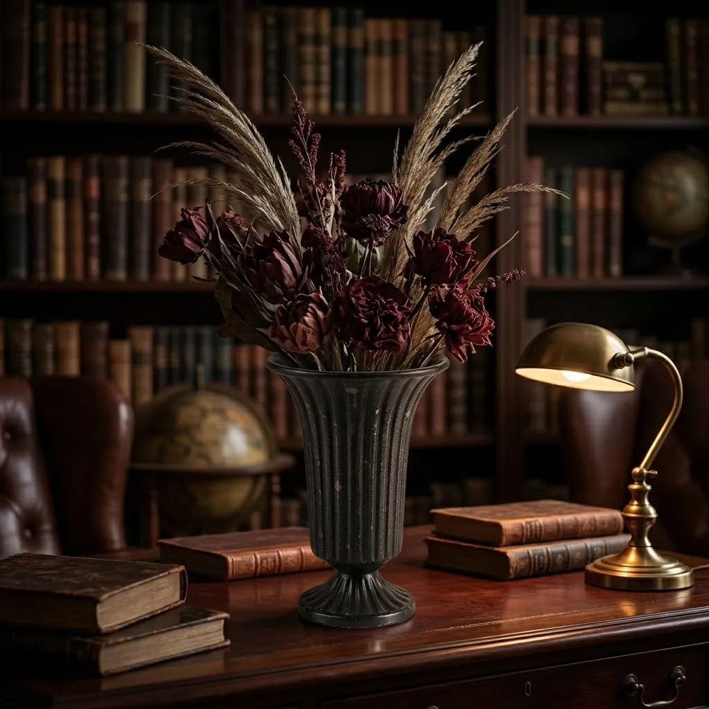 Vintage-Inspired Distressed Iron Urn Vase | Fluted Pedestal Trophy Vase