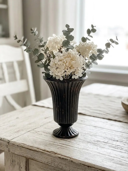 Vintage-Inspired Distressed Iron Urn Vase | Fluted Pedestal Trophy Vase