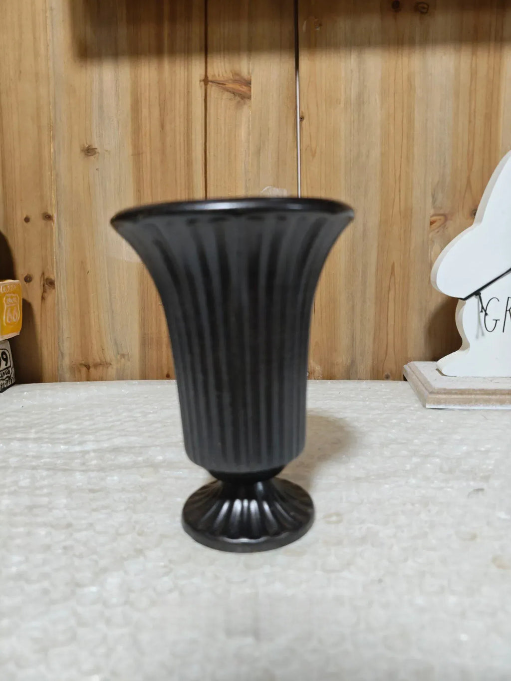 Vintage-Inspired Distressed Iron Urn Vase | Fluted Pedestal Trophy Vase
