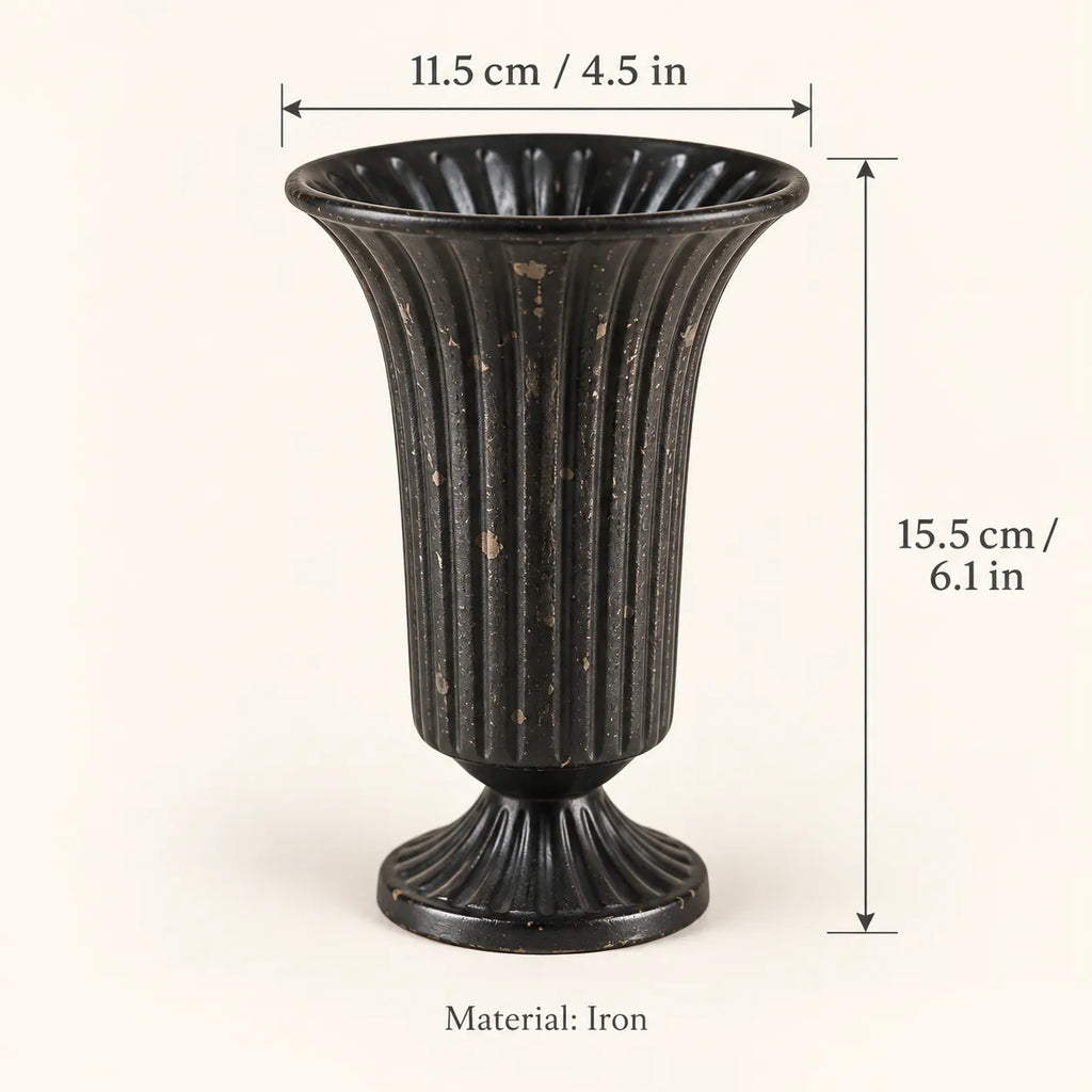 Vintage-Inspired Distressed Iron Urn Vase | Fluted Pedestal Trophy Vase