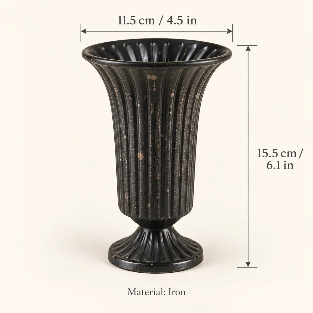 Vintage-Inspired Distressed Iron Urn Vase | Fluted Pedestal Trophy Vase