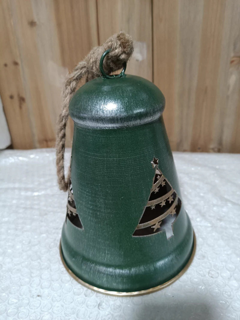 Distressed Metal Christmas Bell - Vintage Green Tree-Shaped Hanging Ornament, Rustic Farmhouse Holiday Decor for Tree Door Wall (6.1" x 8.3")