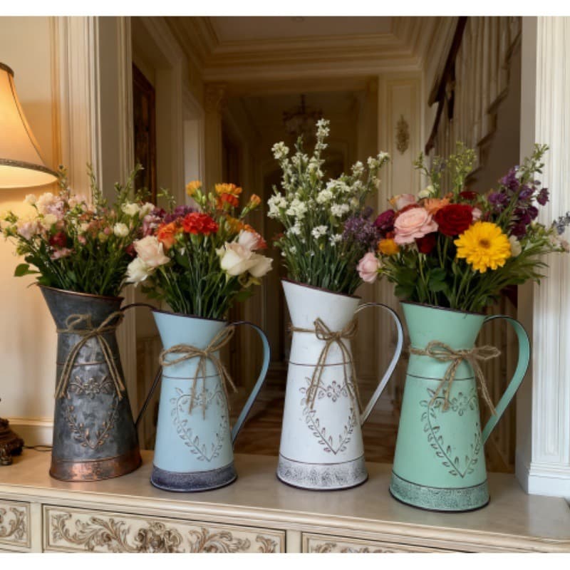 Four decorative vases with floral arrangements on a shelf in a home setting.