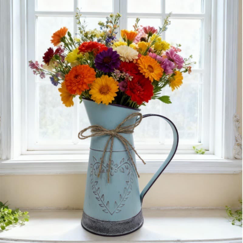 French Country Distressed Green Metal Pitcher Vase – Rustic Embossed Floral Jug with Jute Bow (2 Sizes) - The Curated Shop