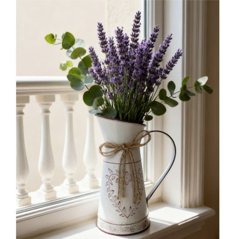 White pitcher with lavender and eucalyptus on a windowsill