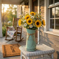 Bouquet of sunflowers and daisies in a decorative vase on a porch.