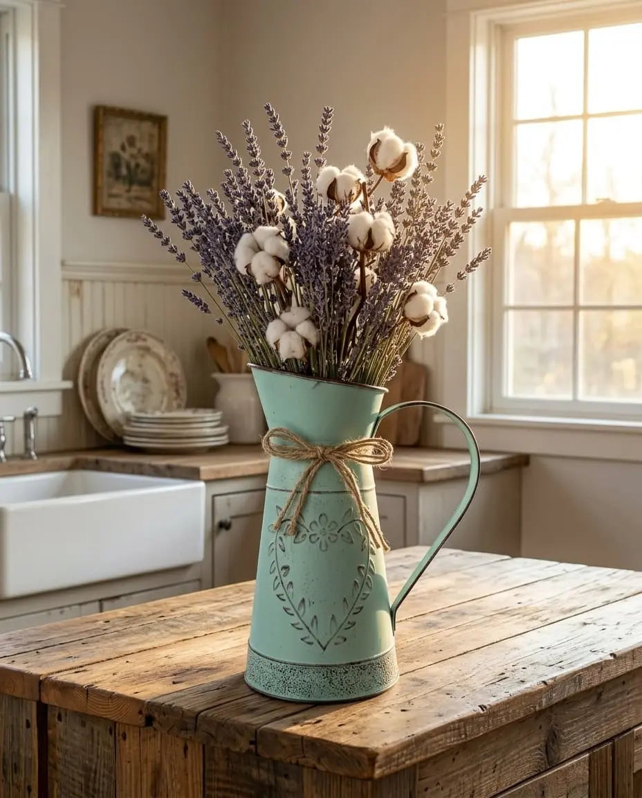 Decorative vase with flowers on a wooden table in a kitchen