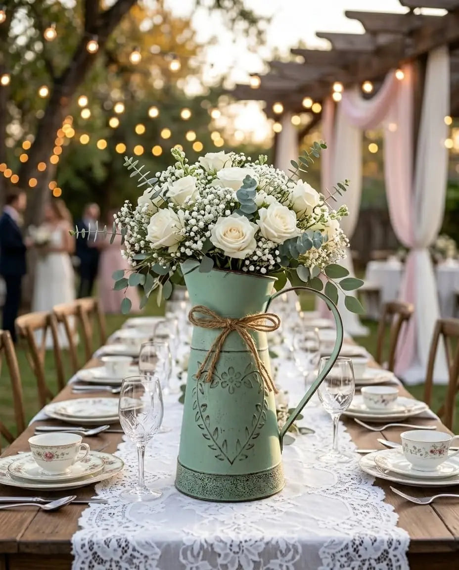 Decorative floral arrangement in a green vase on a table with a wedding setup in the background.