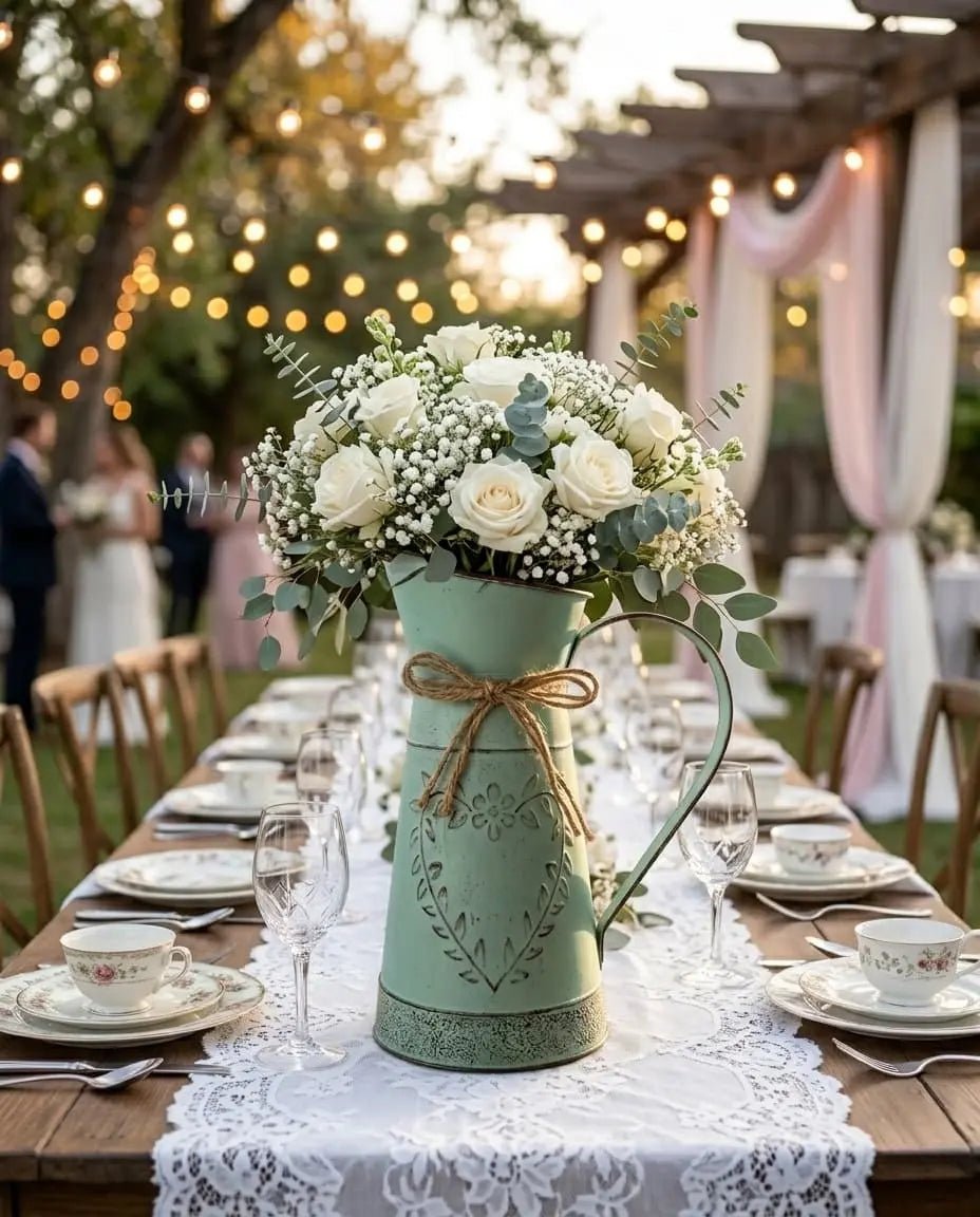 French Country Distressed Green Metal Pitcher Vase – Rustic Embossed Floral Jug with Jute Bow (2 Sizes) - The Curated Shop
