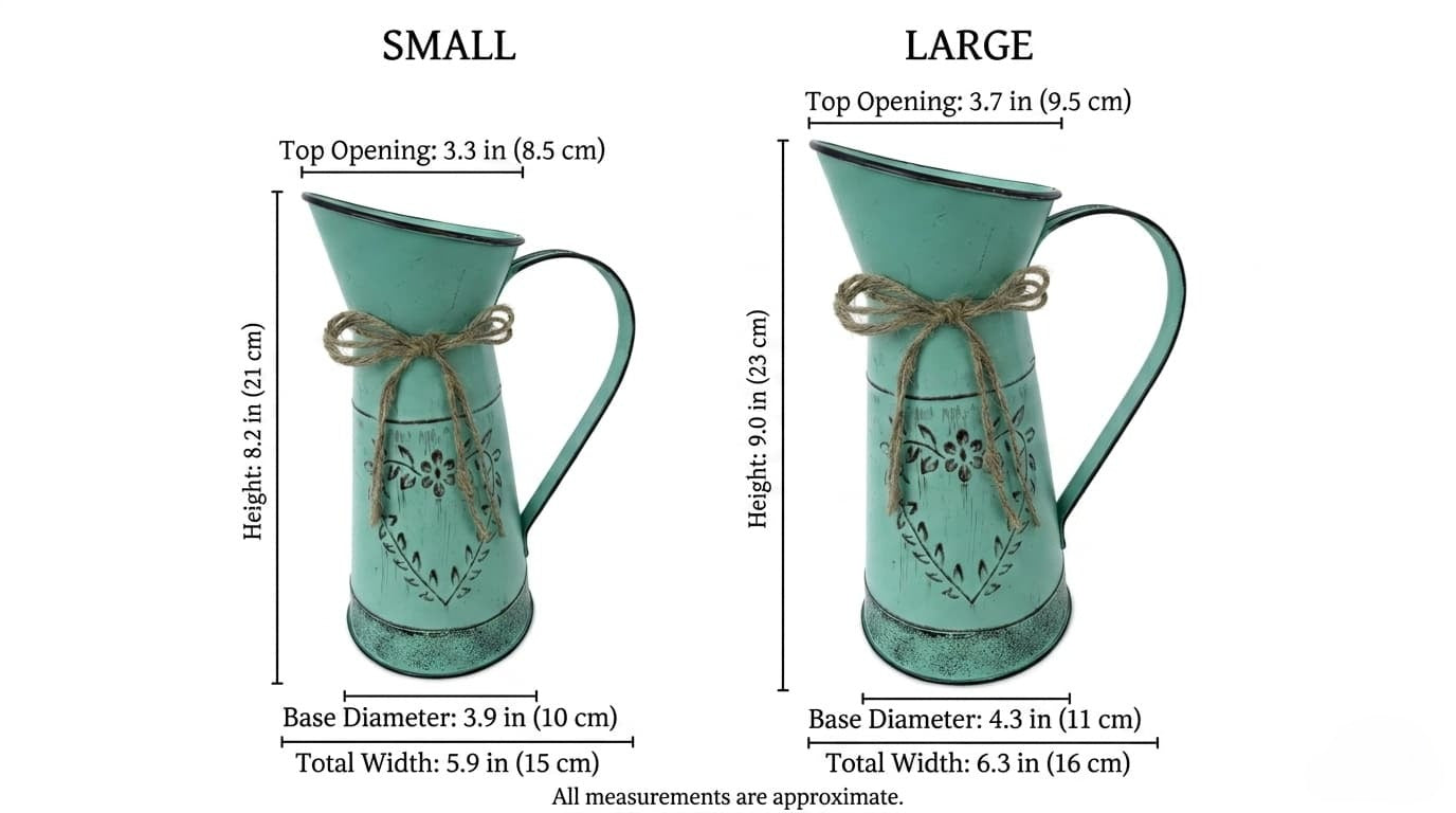 Dimensions of small and large turquoise metal vases with decorative bows.