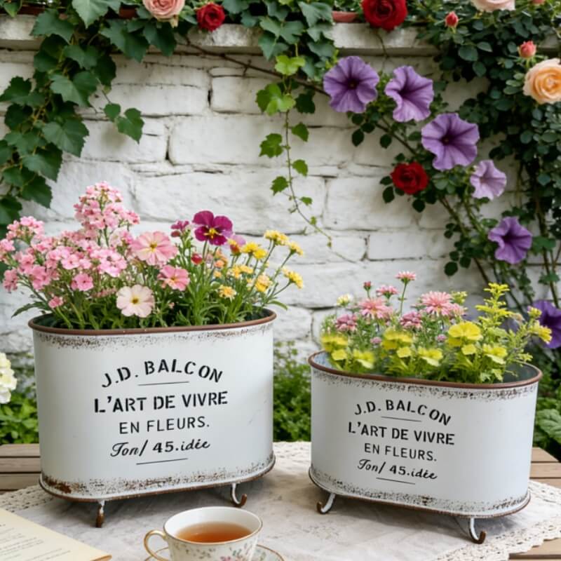 French Vintage Footed Oval Planter – "L'Art de Vivre" Galvanized Metal Tub with Drainage Hole - The Curated Shop