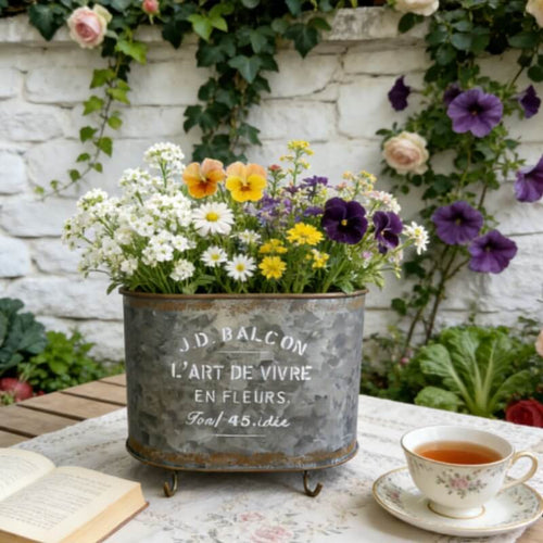 French Vintage Footed Oval Planter – "L'Art de Vivre" Galvanized Metal Tub with Drainage Hole