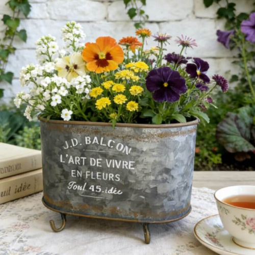Vintage Galvanized Metal Planter Pot with Legs – Rustic Farmhouse Flower Bucket 5