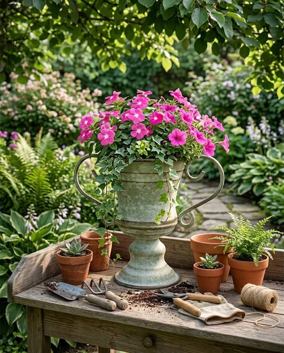 Garden scene with pink flowers in a decorative urn on a wooden table surrounded by plants and gardening tools.