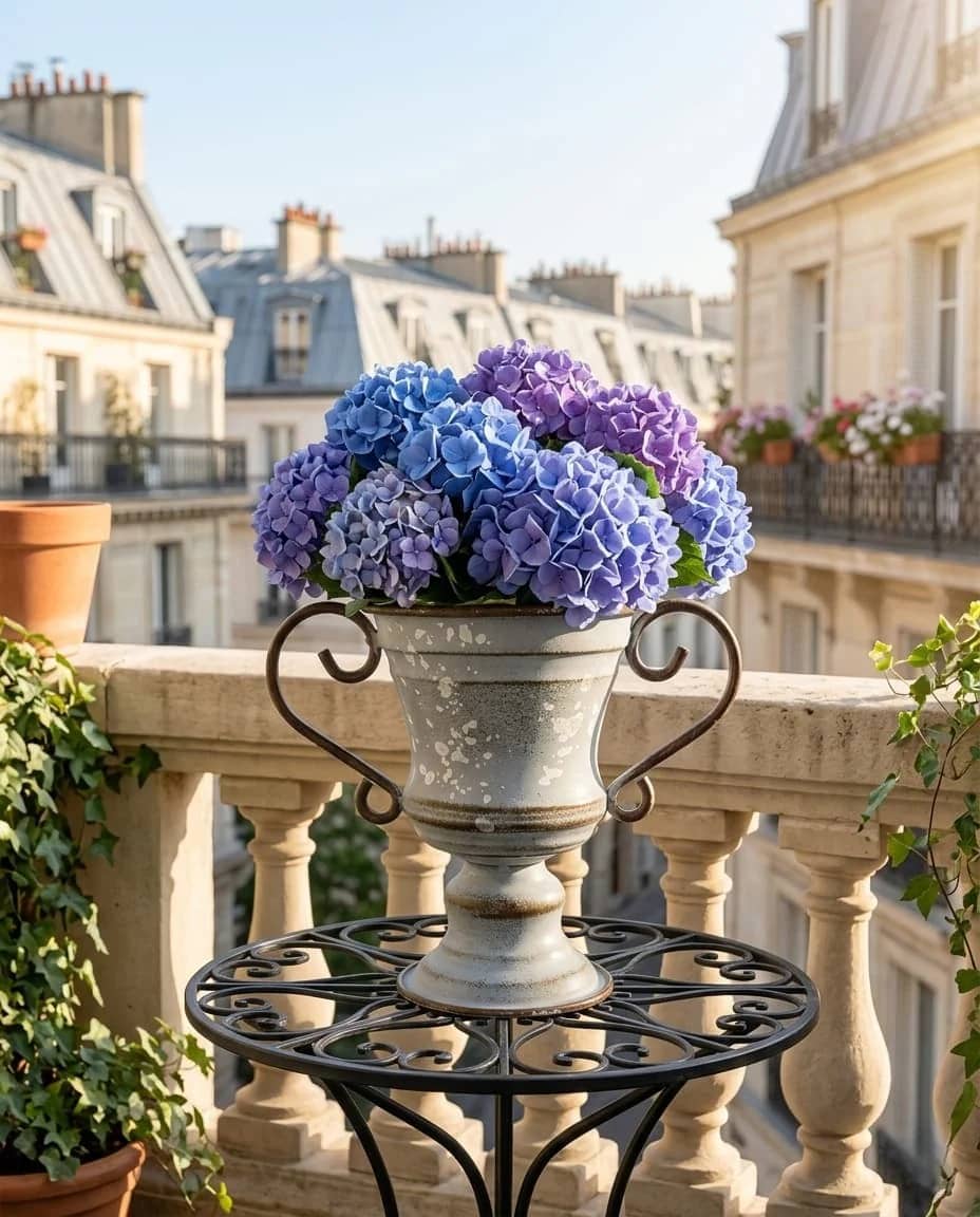 Vase with purple and blue hydrangeas on a balcony with cityscape in the background