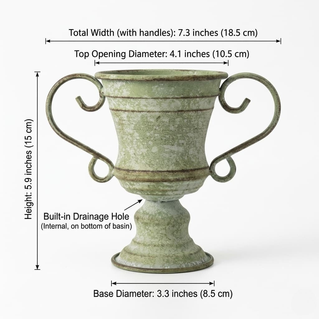 French Country Metal Trophy Planter – Distressed Pedestal Garden Urn with Drainage Hole (5.9" Tall) size