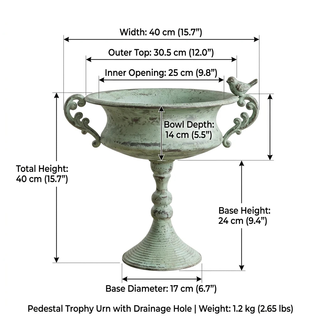 Verdigris green pedestal planter urn with bird finial handles