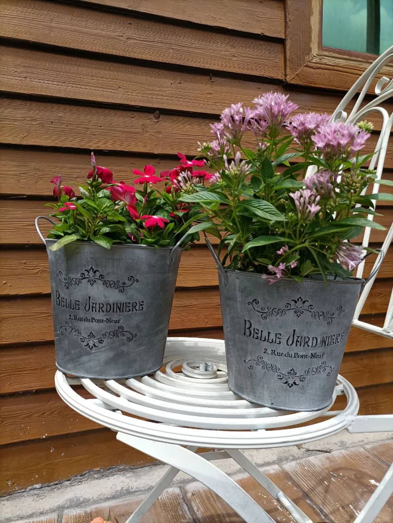 Two potted plants in decorative metal containers on a white table against a wooden wall.