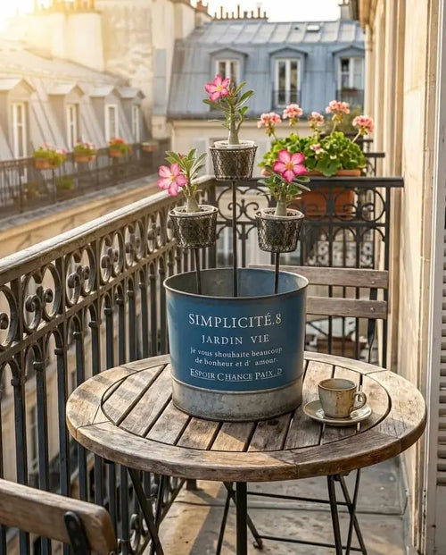 Balcony with a wooden table, blue pot labeled 'Simplicités Jardin Vie', and potted plants.