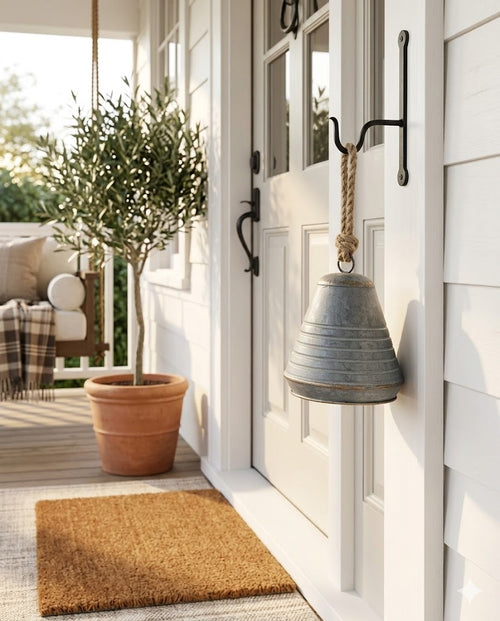 Front door with a decorative bell, doormat, and potted plant on a porch.