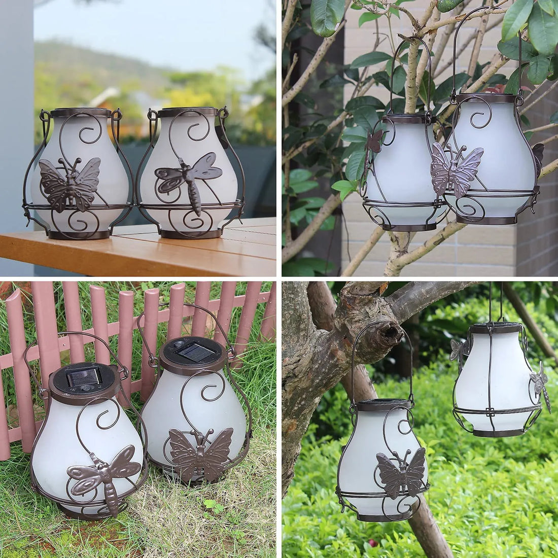 Set of two hanging solar flame lanterns with frosted glass and butterfly cutouts