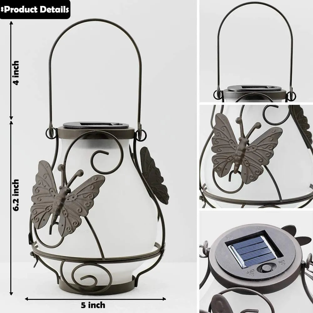Frosted solar flame lantern with butterfly cutout, black metal frame, shown with panel