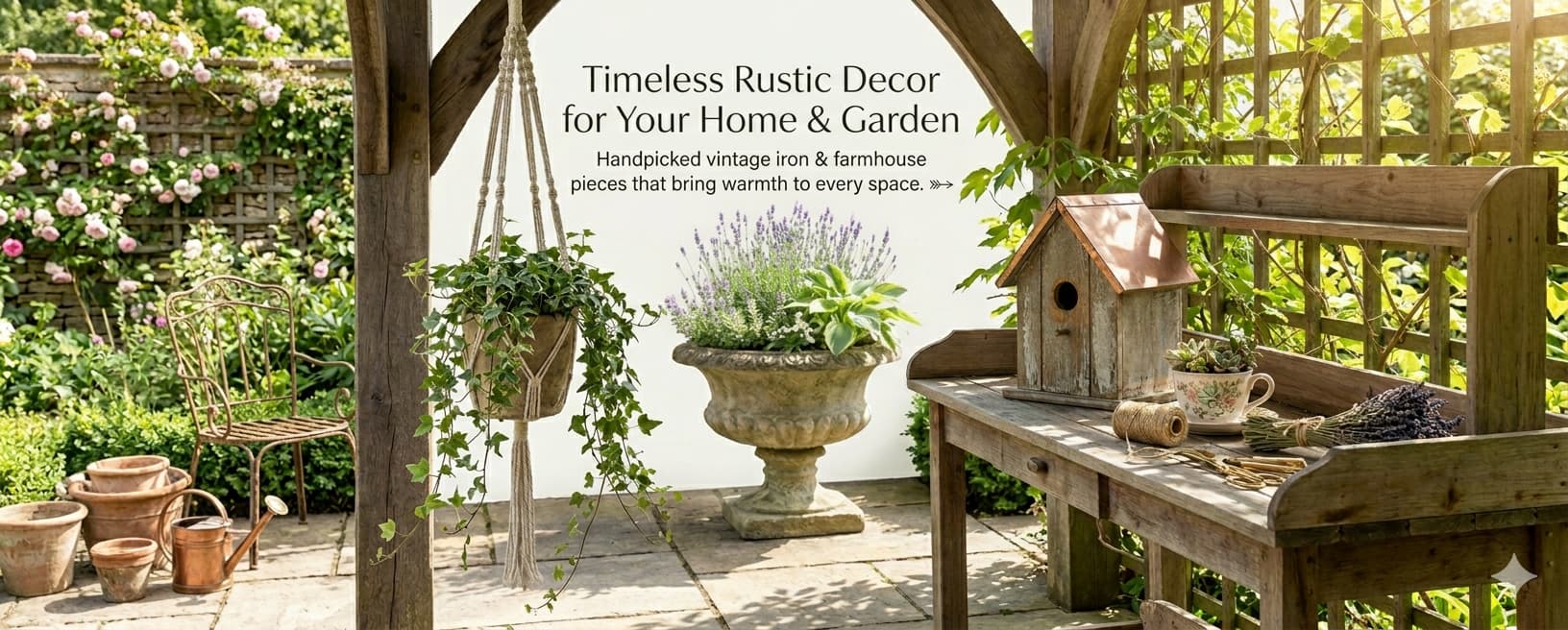 Garden scene with rustic decor elements, including a wooden bench, birdhouse, and potted plants.