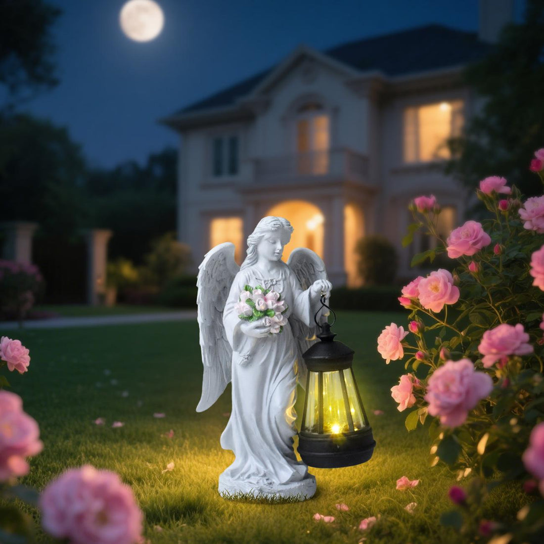 Angel statue with a lantern in a garden at night, illuminated by a full moon.