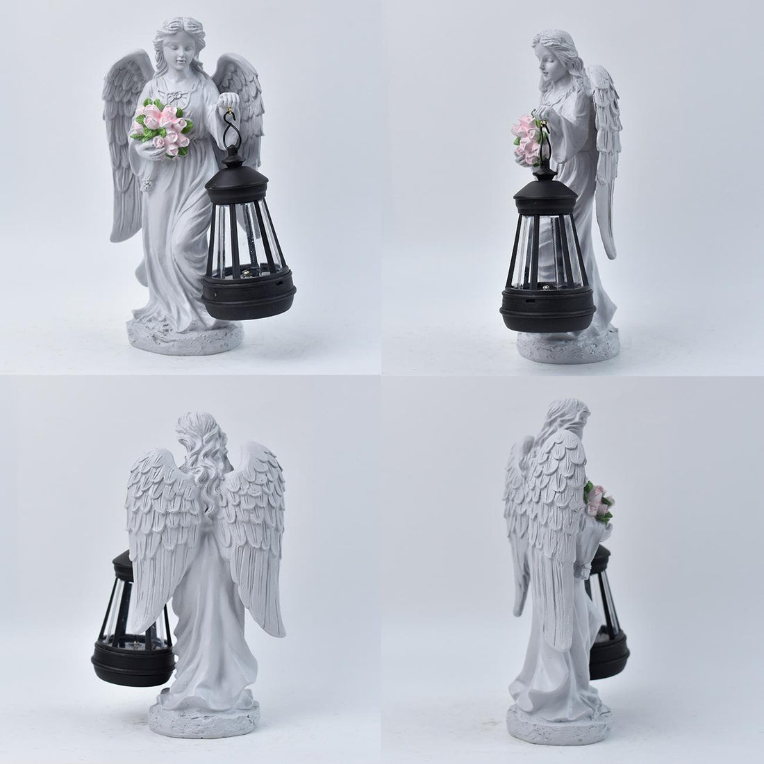 White angel statue with a lantern holding flowers on a white background