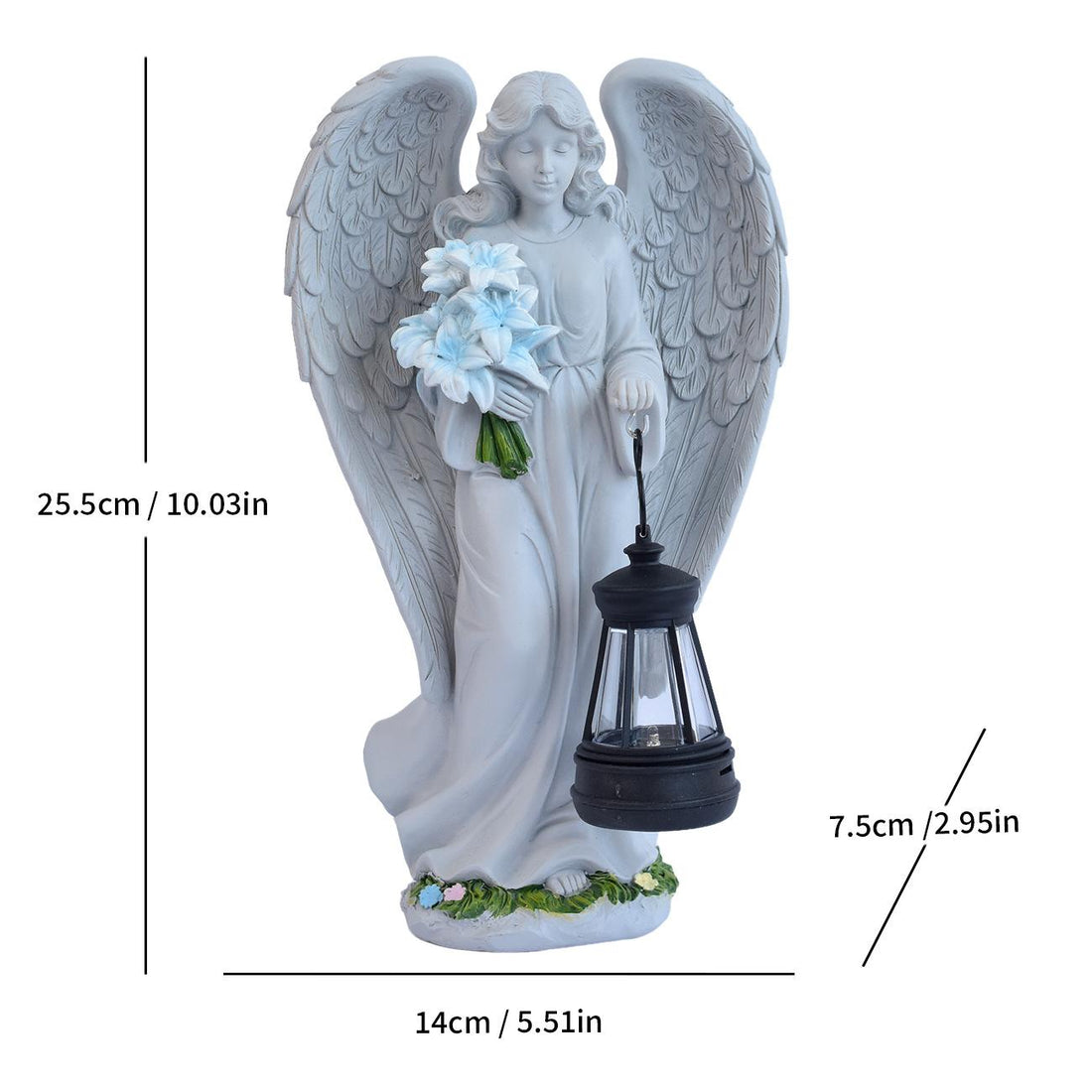Angel solar lantern statue in white resin holding blue flowers, black lantern glowing