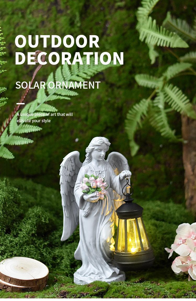 Solar ornament with angel statue and lantern on a green outdoor background