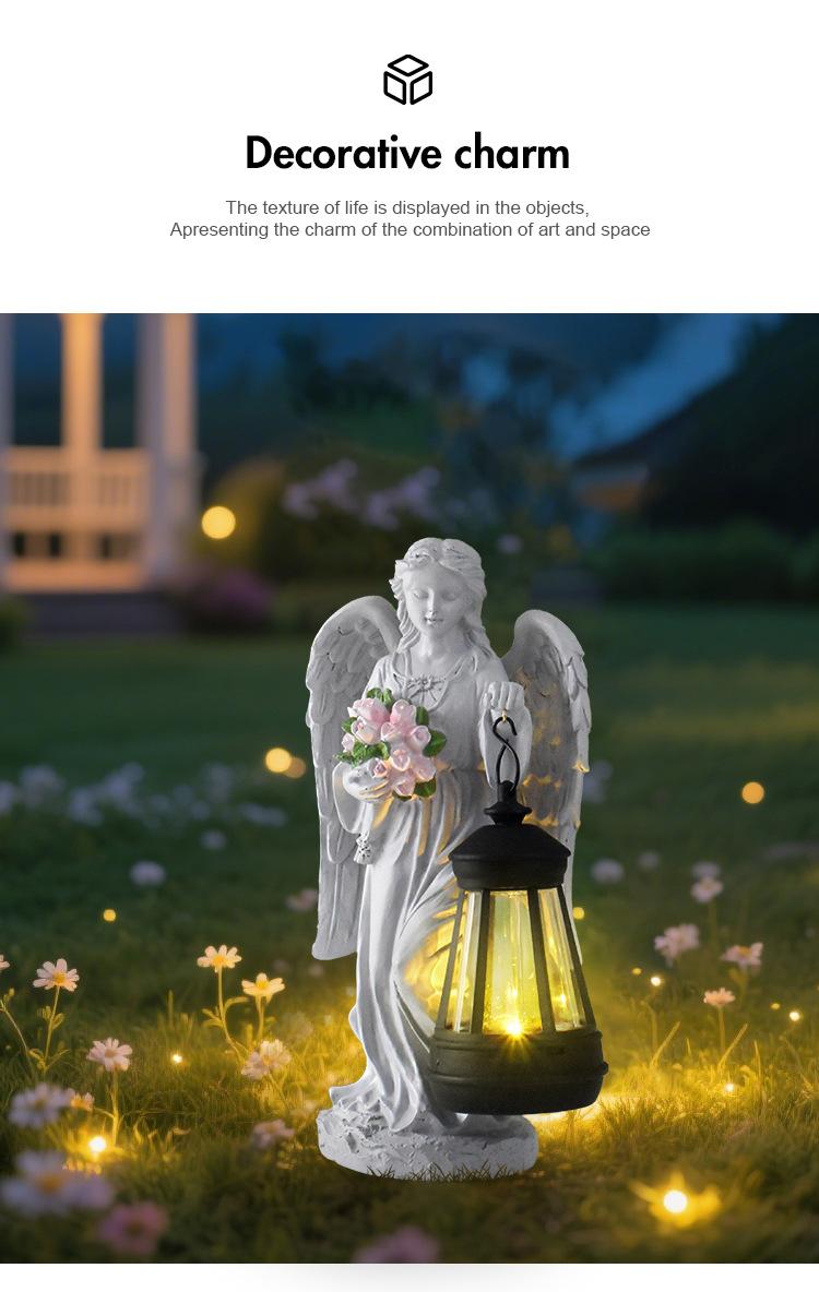 Decorative angel statue with a lantern in a garden setting