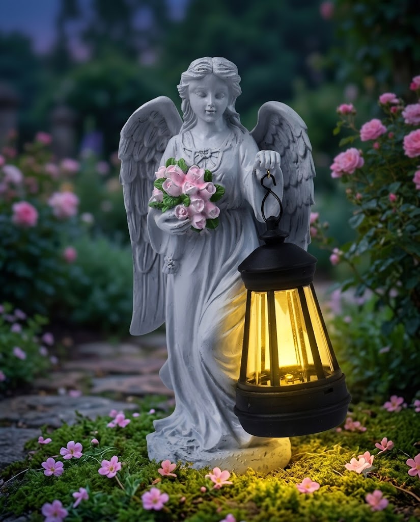 Statue of an angel holding flowers and a lantern in a garden setting