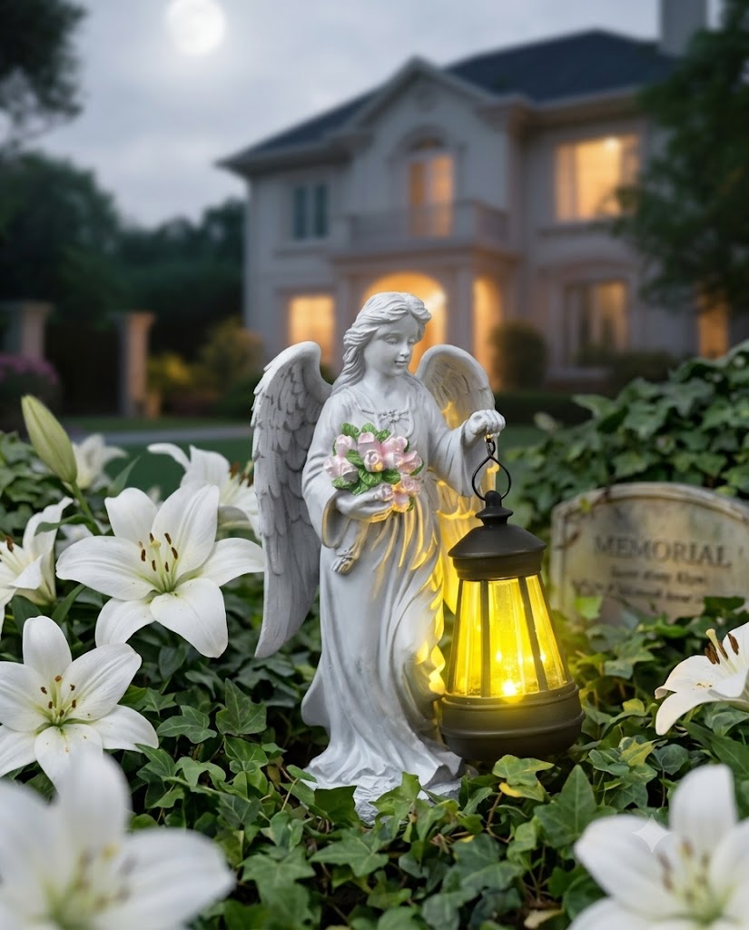 Angel statue with a lantern in a garden setting with a house in the background