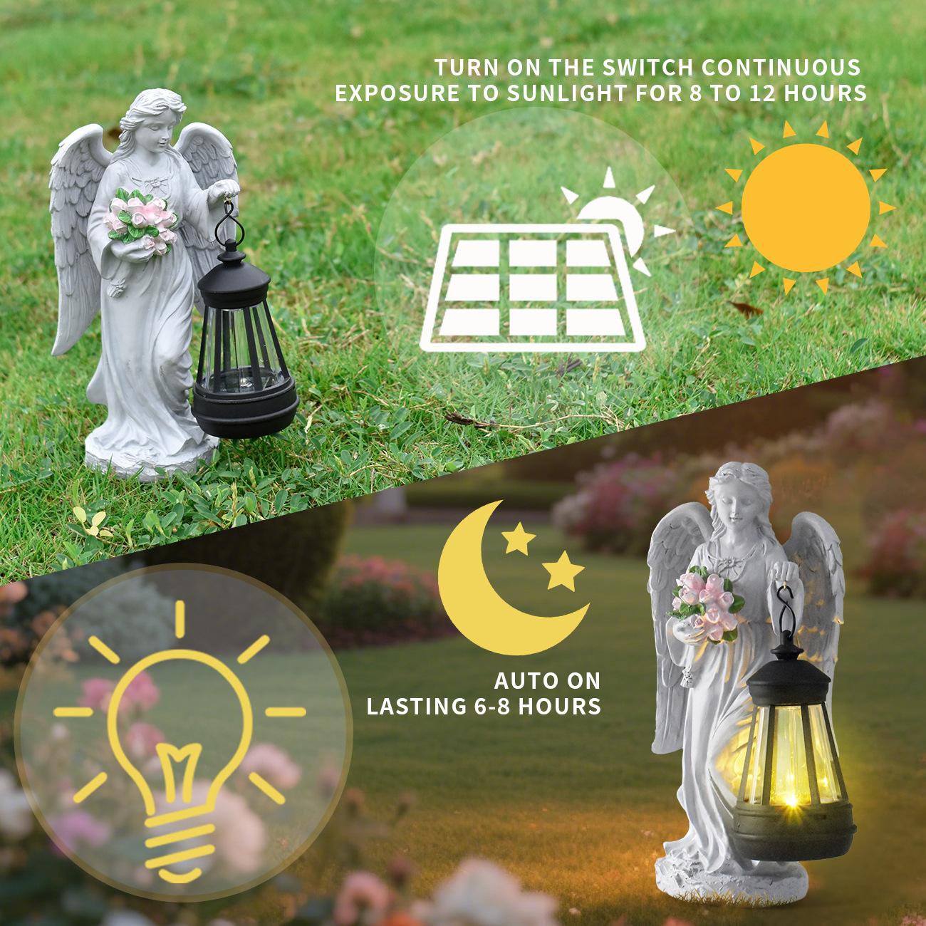Solar-powered angel statue with lantern on grass, showing light switch and battery icon.