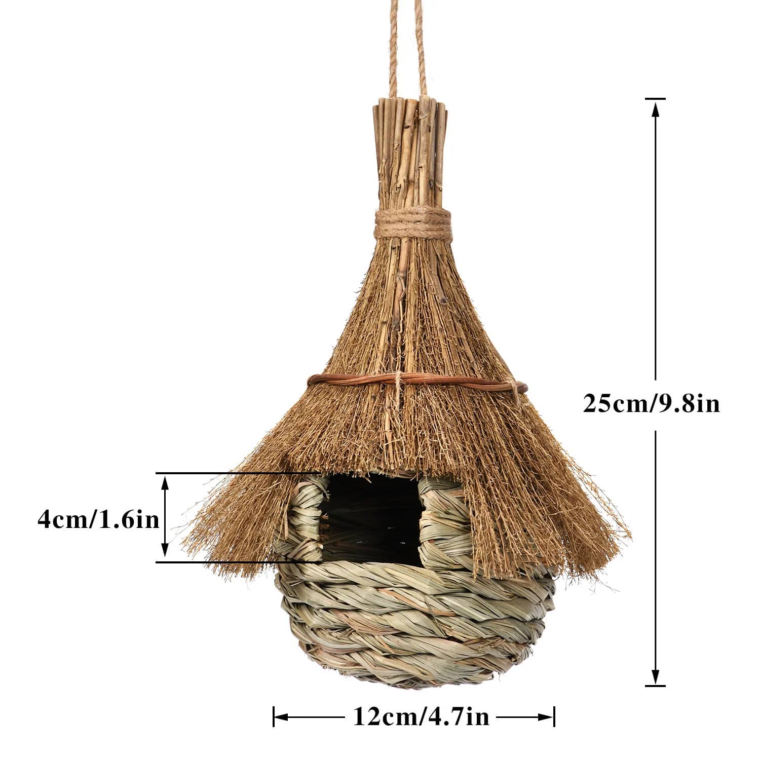Woven birdhouse Size with straw roof and measurements on a white background