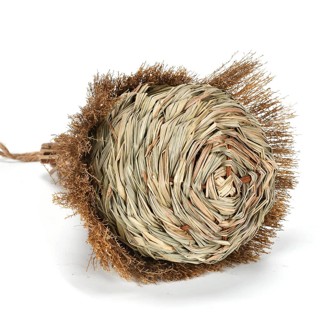 Close-up woven bird nest with straw shell and circular woven interior