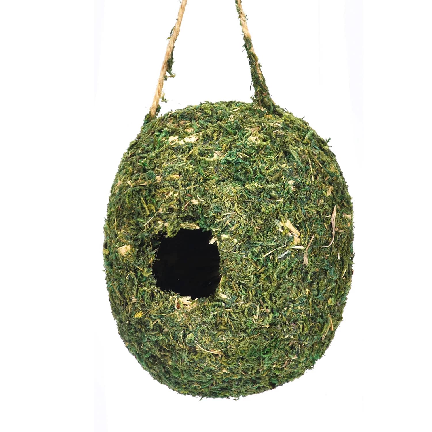 Moss-covered birdhouse on a white background