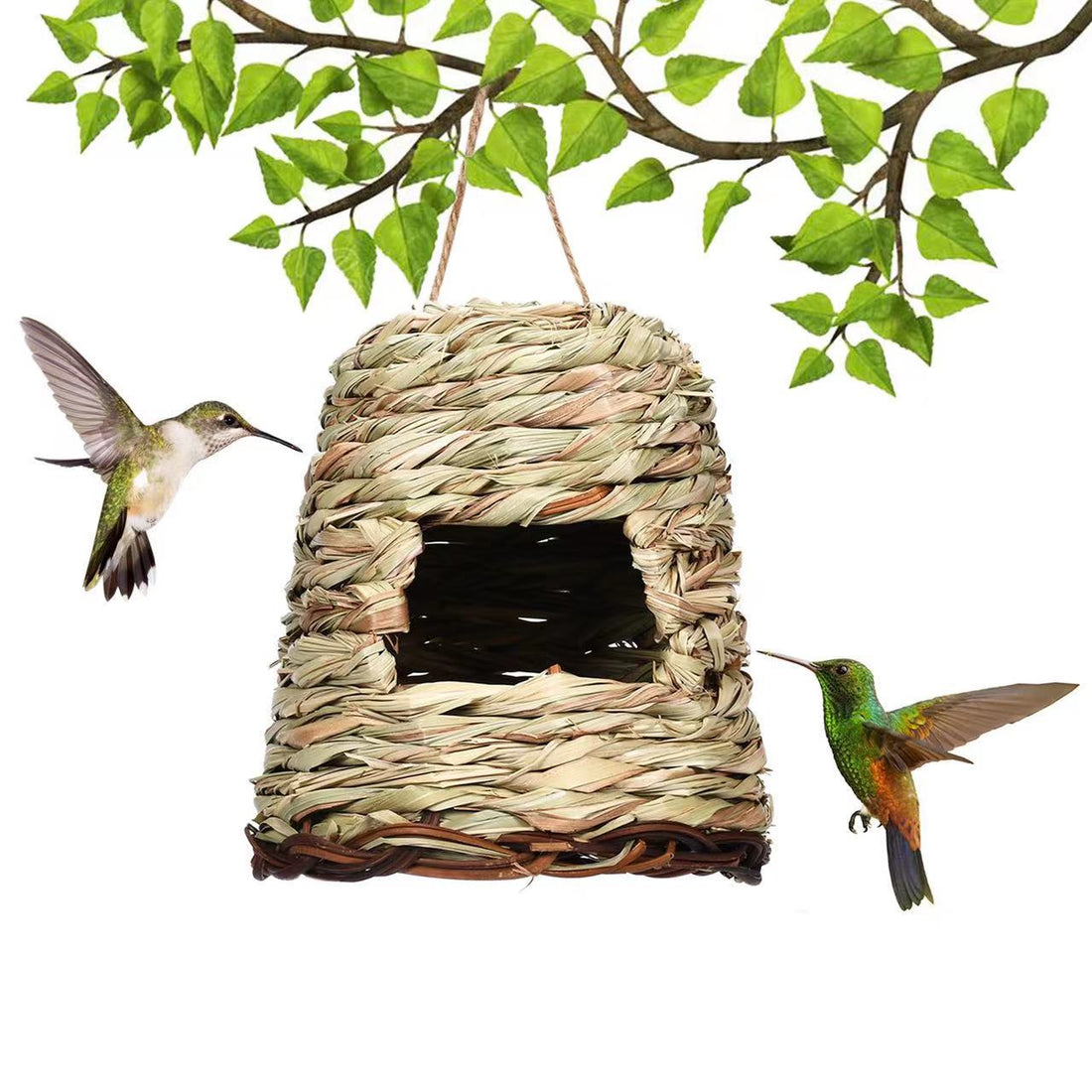 Handwoven wicker rattan birdhouse with front opening, hanging loop, natural woven finish