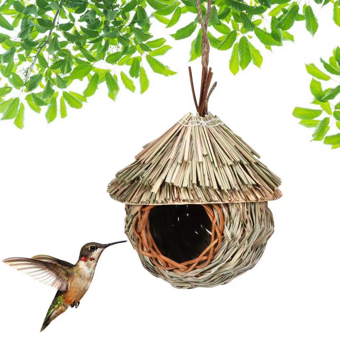 Hanging wicker rattan birdhouse with woven roof top loop and arched entrance opening
