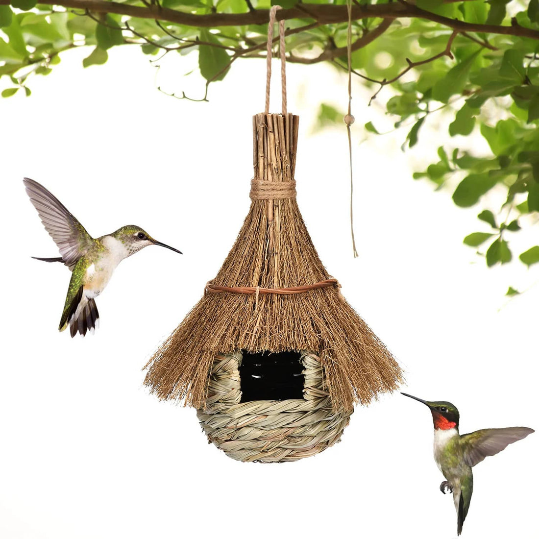 Hanging woven bird nest with dark inner lining and braided straw roof