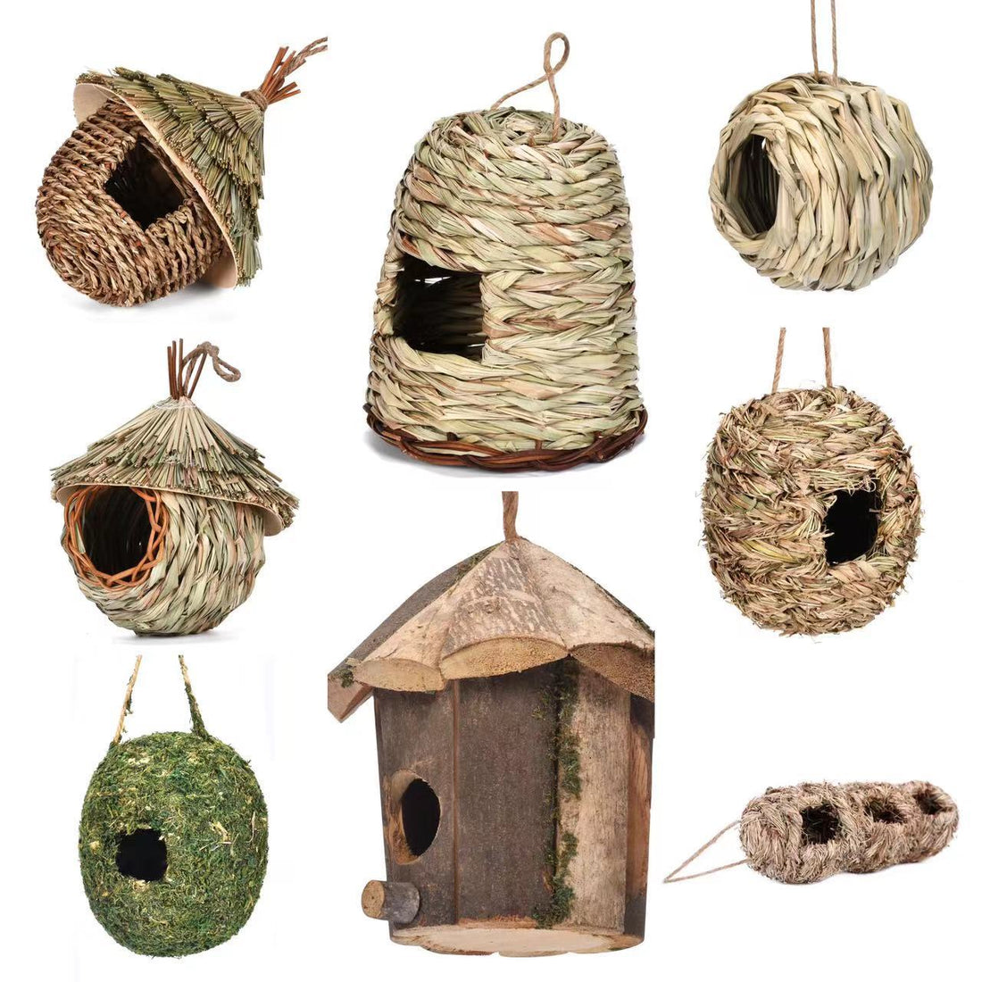 Natural wicker rattan birdhouse with round entrance, hanging loop, rustic woven texture