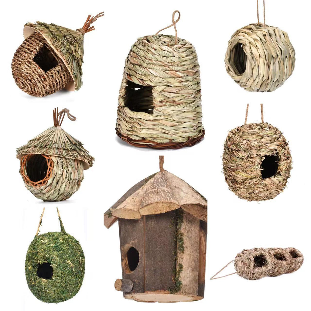 Collection of various handmade birdhouses made from natural materials on a white background